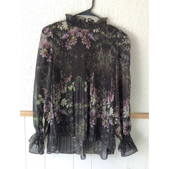 All Saints Cora Floral Top Pleated Blouse Sheer Black Ruffle Collar Neck Sz 4 - Picture 3 of 9